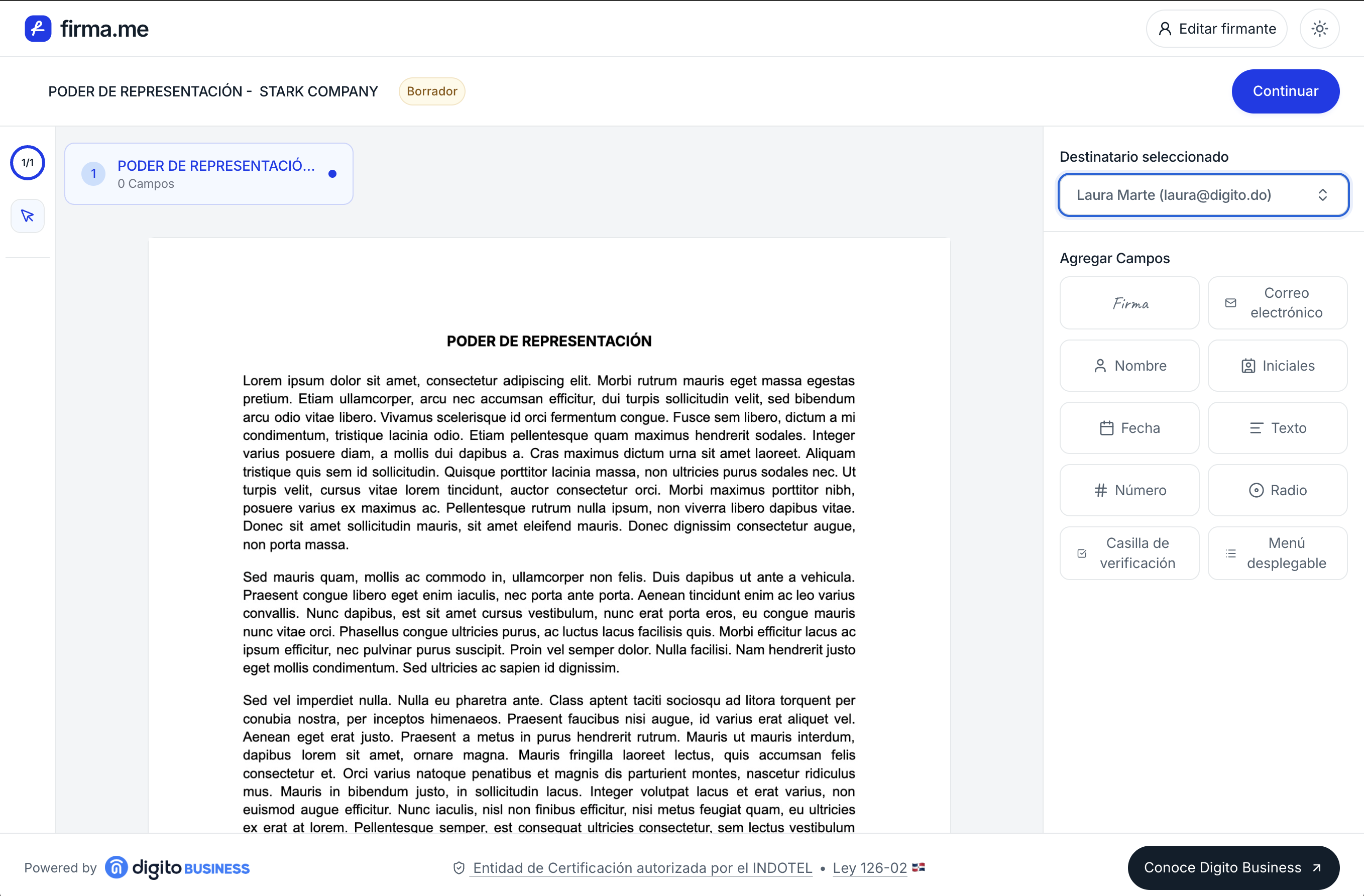 Editor de embed con un documento de muestra, el destinatario seleccionado y las opciones para agregar campos.