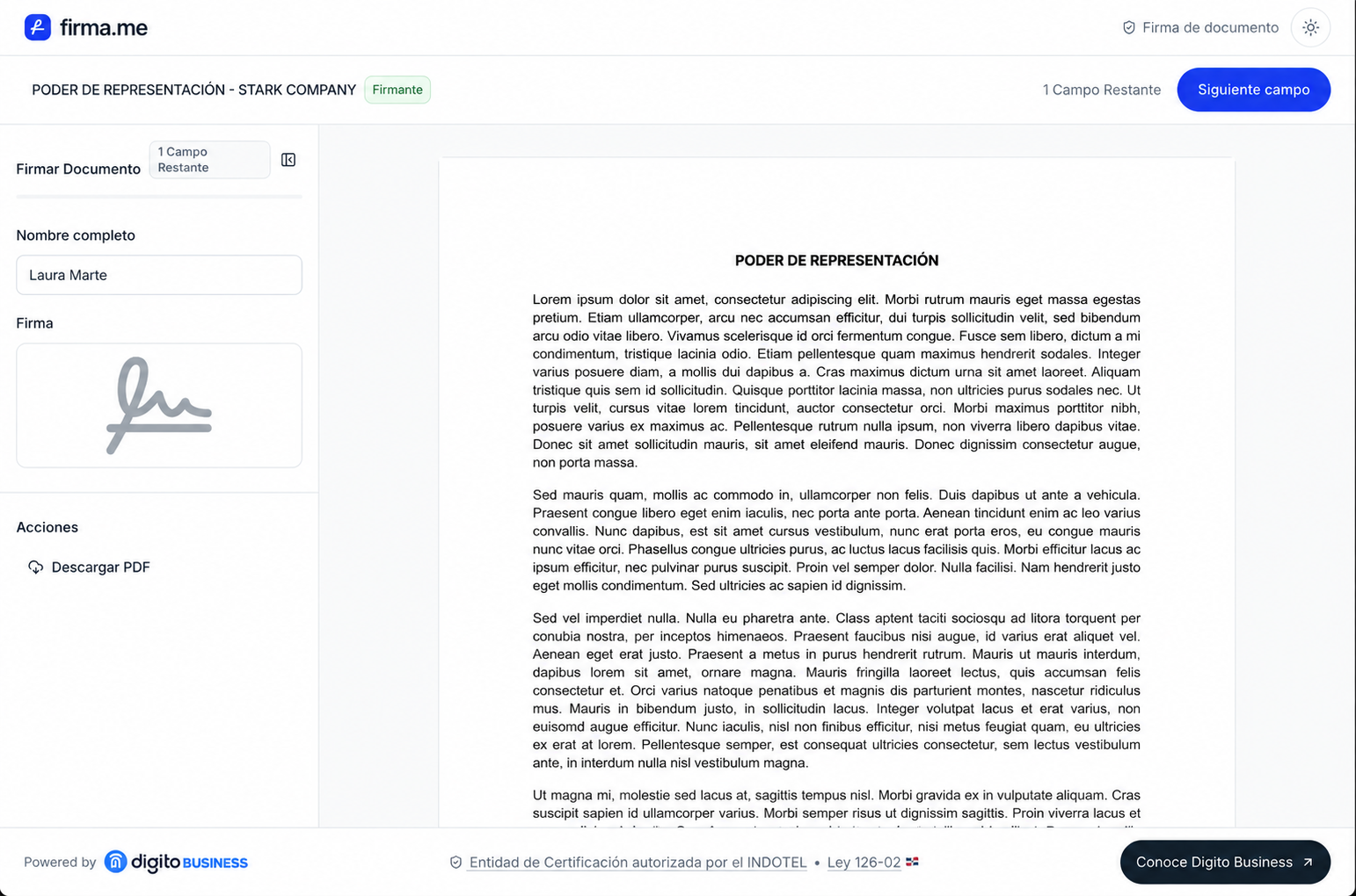 Embed de firma con un documento de muestra, el panel del firmante y la navegación al siguiente campo.
