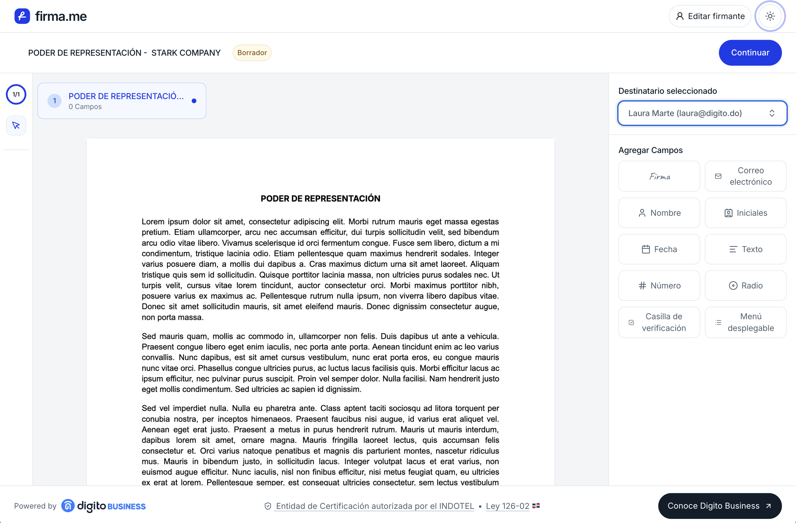 Editor de Digito Business integrado en una aplicación en modo claro, con un documento de muestra y el destinatario seleccionado.