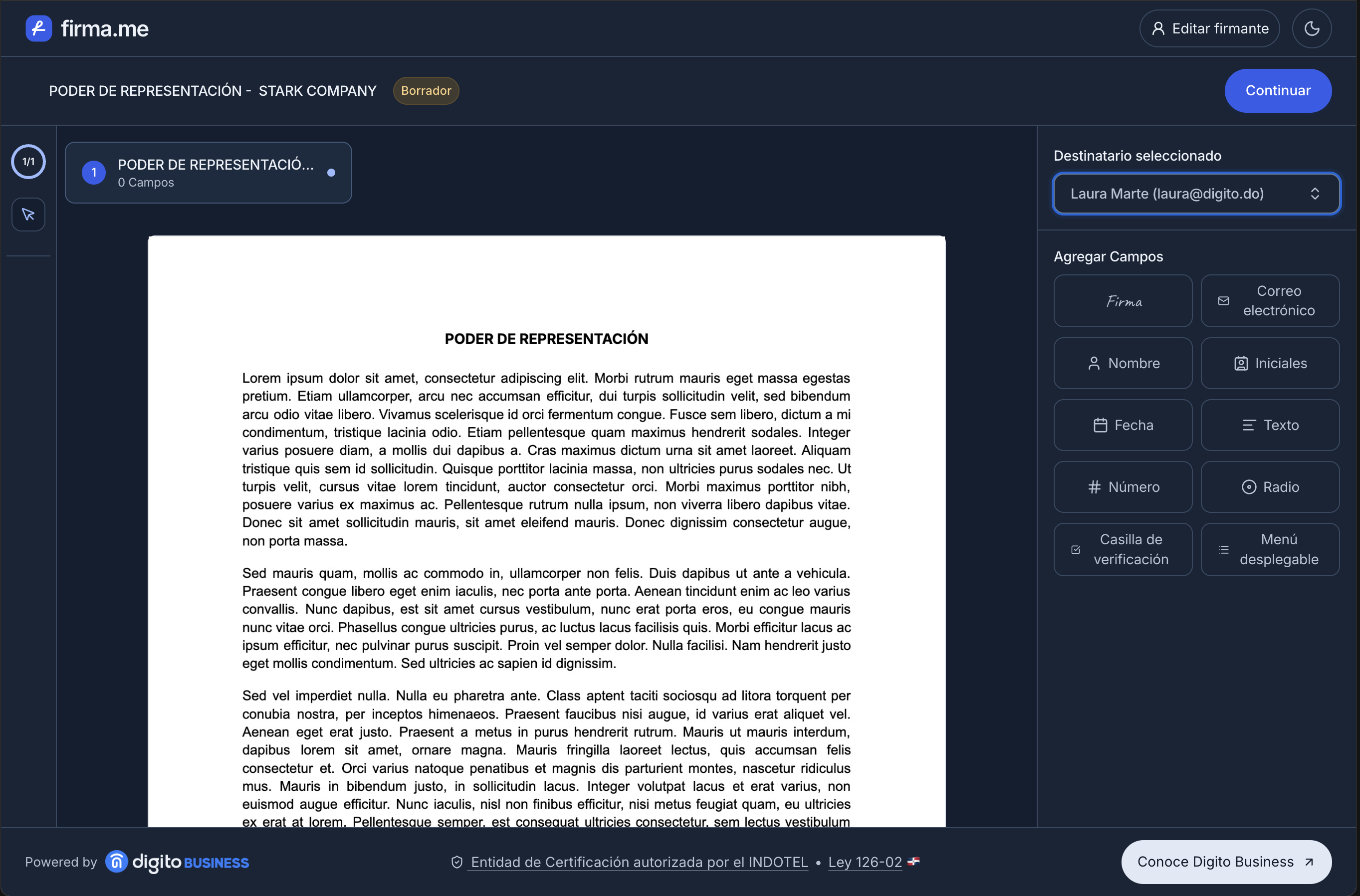 El mismo editor de Digito Business en modo oscuro, con un documento de muestra y controles legibles.
