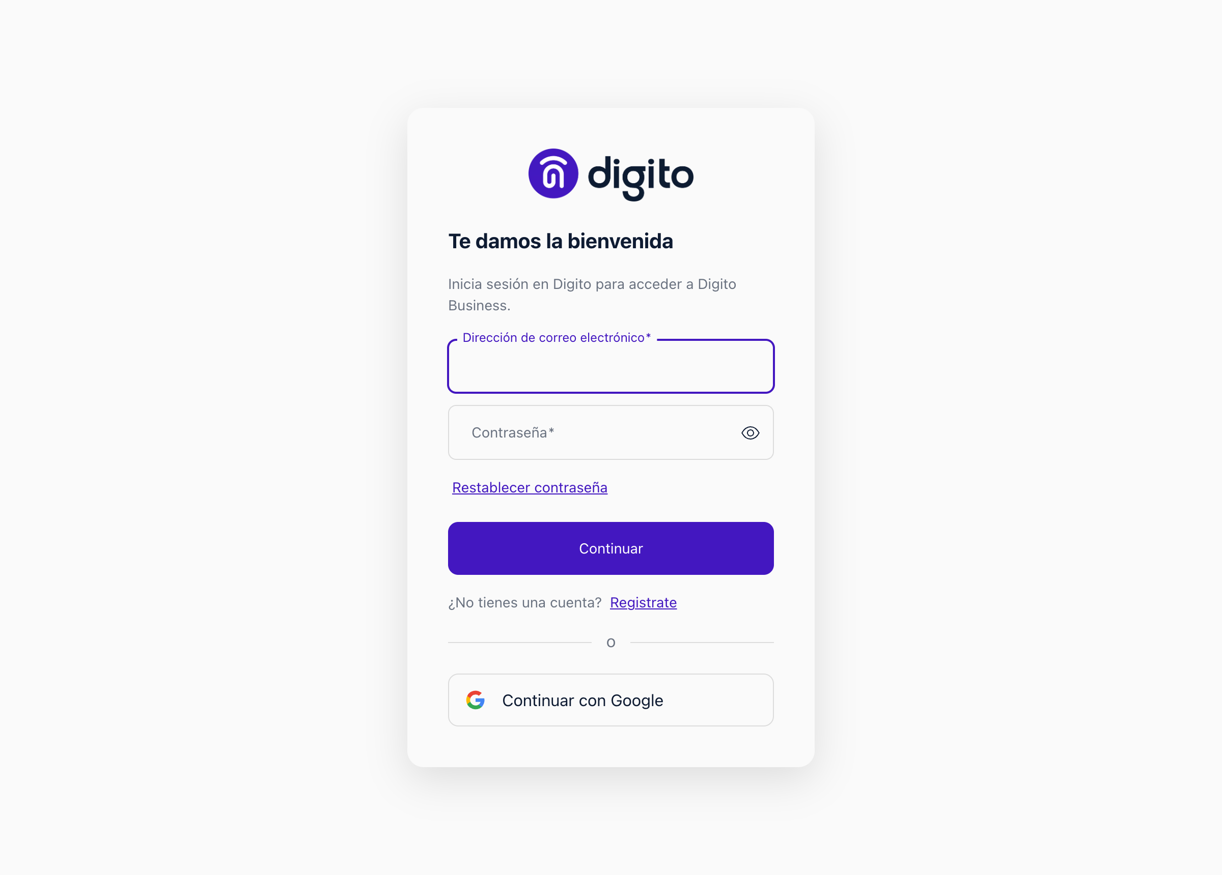 Pantalla de inicio de sesión de Digito ID para acceder a Digito Business, con correo y contraseña vacíos.