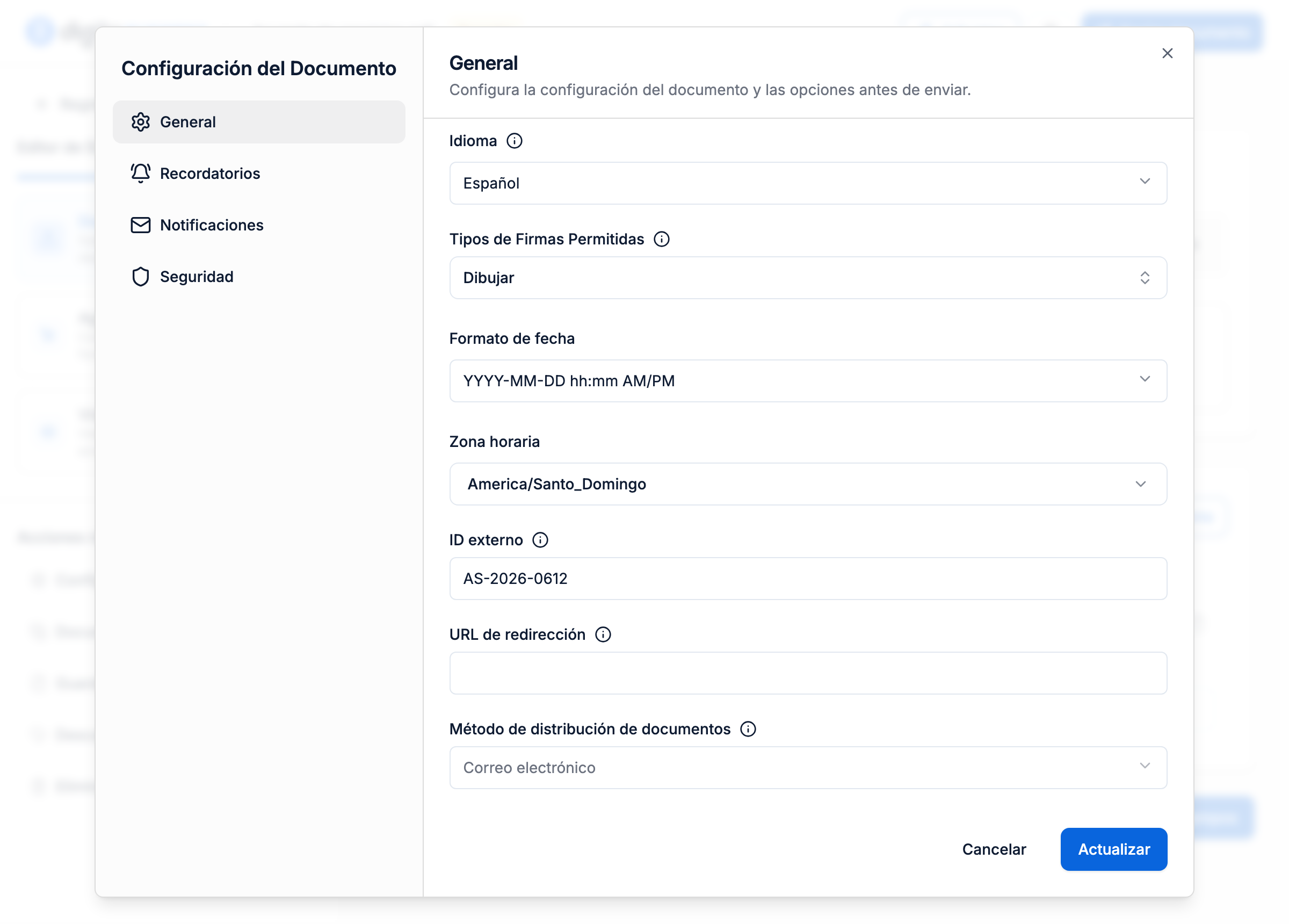 Panel General de Configuración del Documento, con idioma, tipo de firma, formato de fecha, zona horaria, ID externo y distribución.