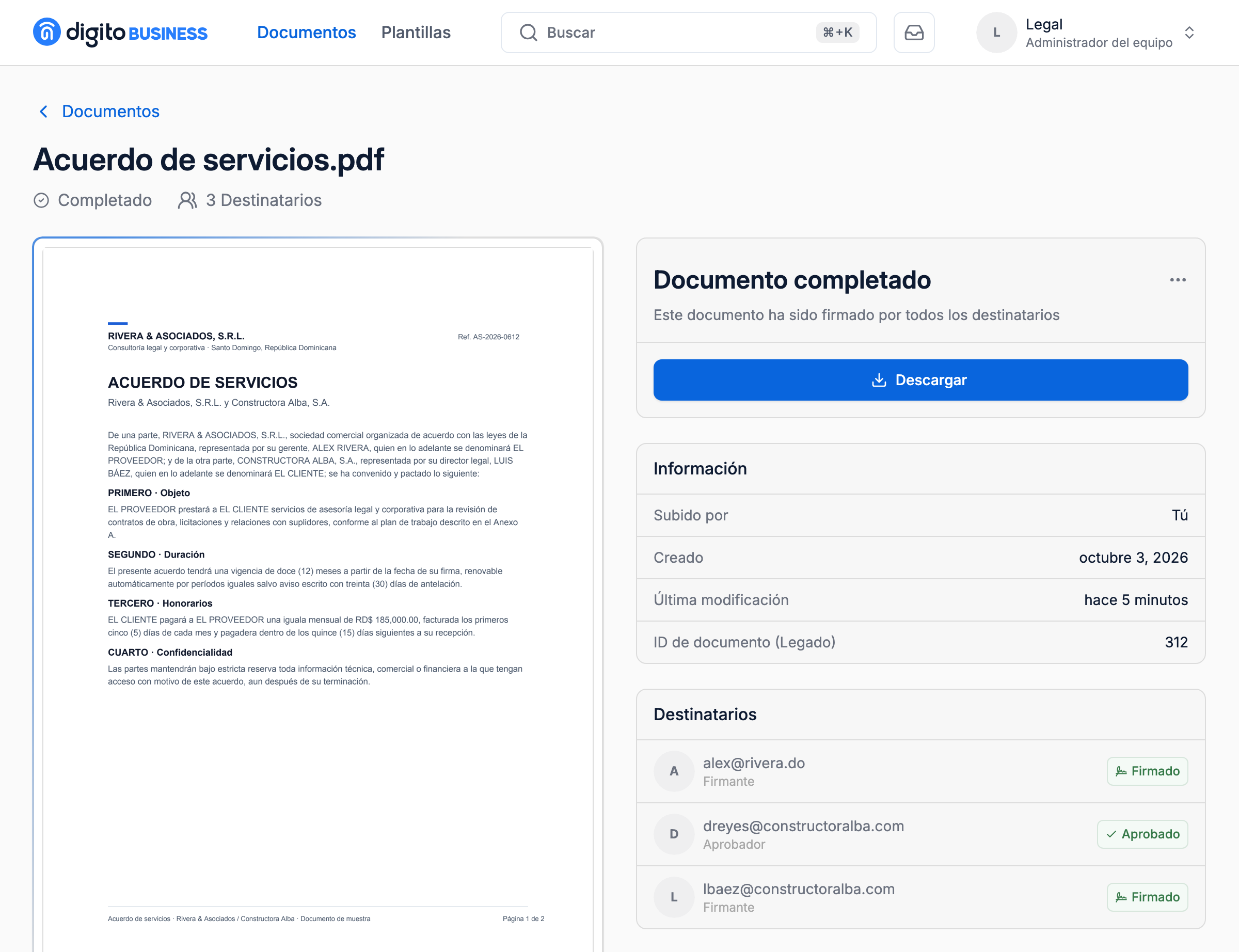 Detalle de Acuerdo de servicios.pdf completado, con el botón Descargar y los estados de sus tres destinatarios.