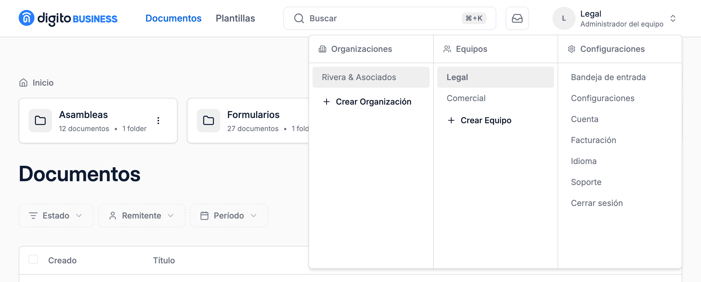 Selector de organización y equipos abierto, con Rivera & Asociados y el equipo Legal activos.