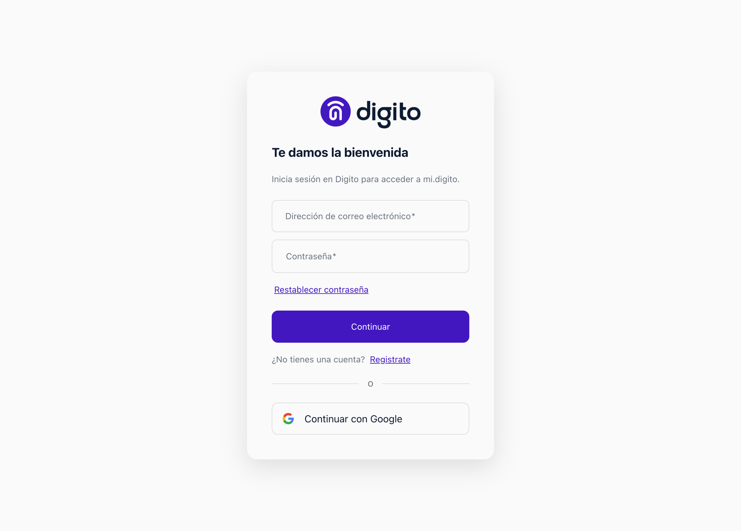 Pantalla de Digito ID para acceder a mi.digito, con los campos de correo y contraseña vacíos.