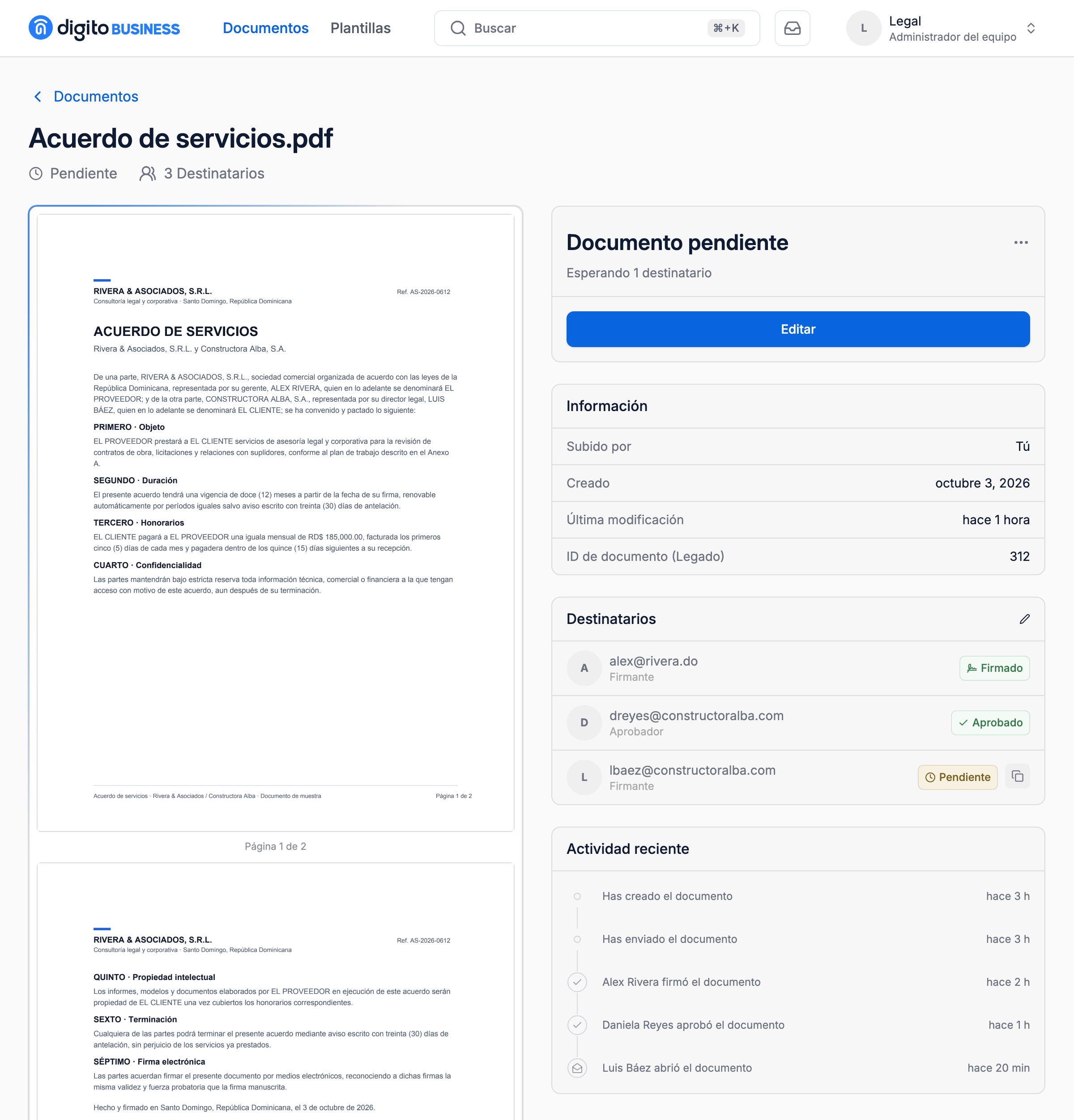 Detalle de Acuerdo de servicios.pdf pendiente, con un firmante firmado, una aprobadora aprobada y otro firmante pendiente.