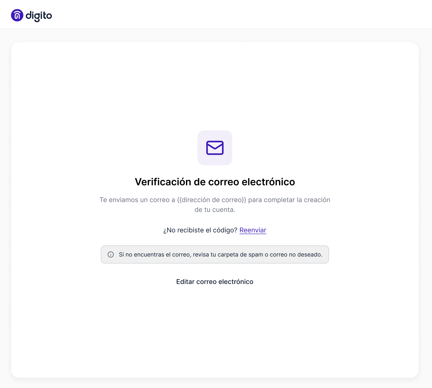 Pantalla de verificación del correo electrónico, con una dirección de ejemplo y opciones de reenviar el correo o editar la dirección.