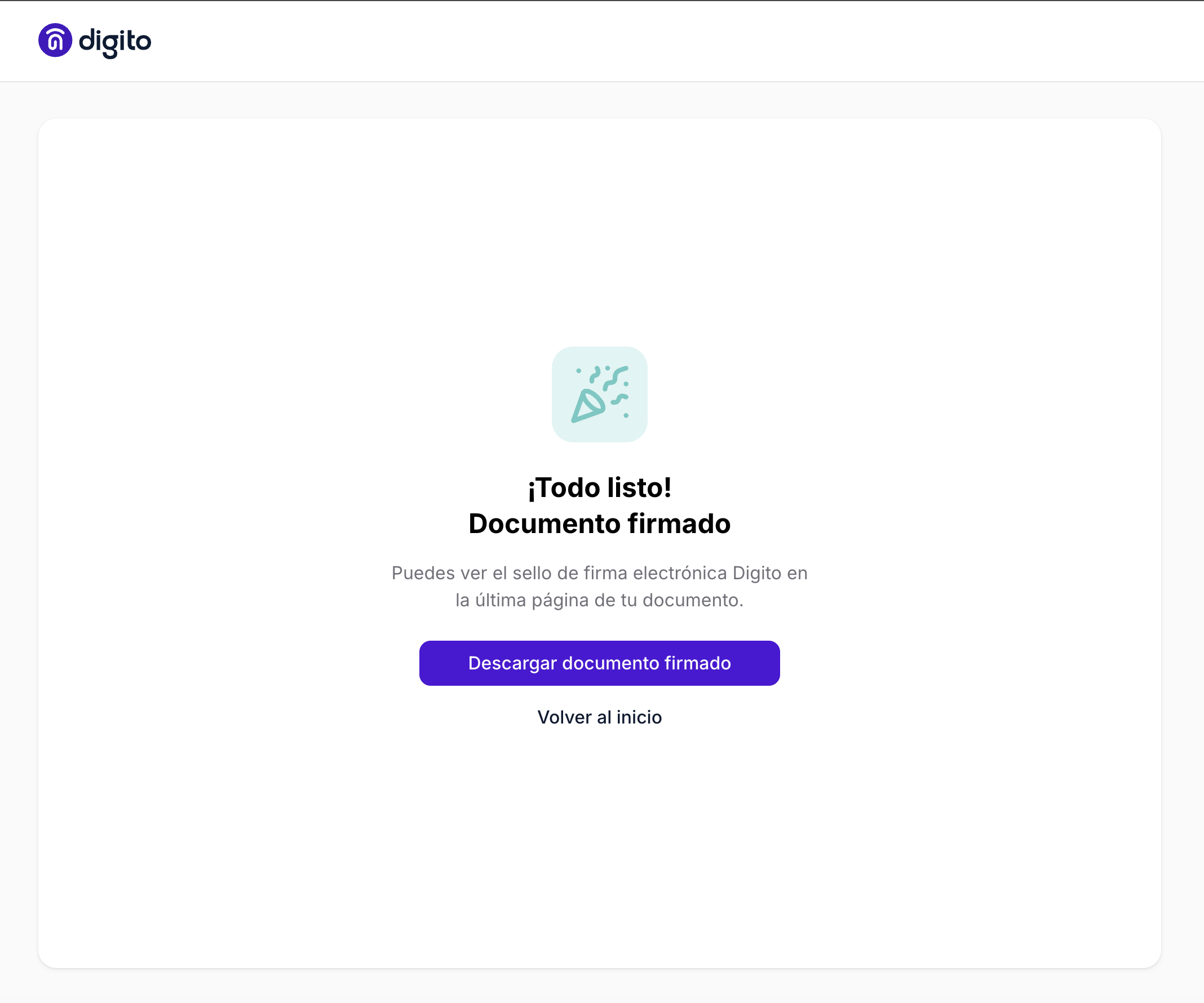 Confirmación Documento firmado de Digito Personal, con el botón Descargar documento firmado y la opción Volver al inicio.