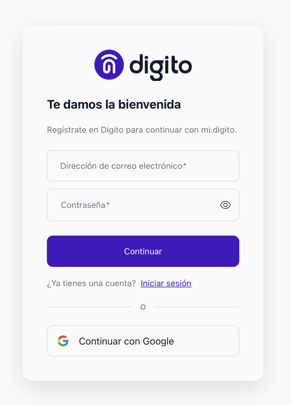 Formulario de registro de Digito con campos vacíos de correo y contraseña, botón Continuar y opción de acceso con Google.